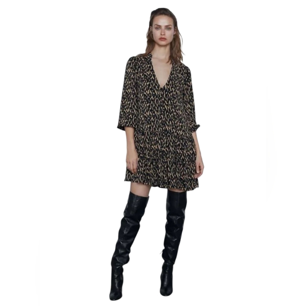 ZARA Leopard Print V-Neck Dress